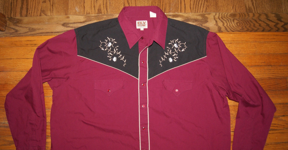 Vintage Ely Diamond Shirt Mens 2XL Maroon Black Western Pearl Snap Rockabilly